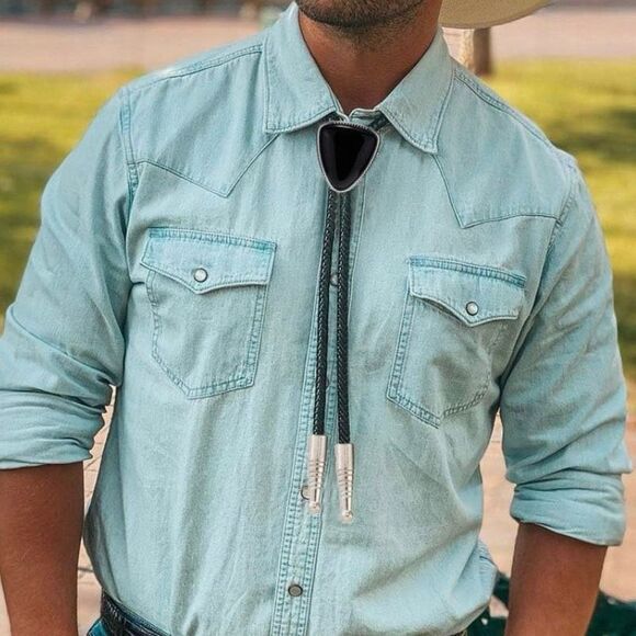 Triangle Black Agate Stone Bolo Tie Mens Casual Western Cowboy Accessory - Picture 6 of 6